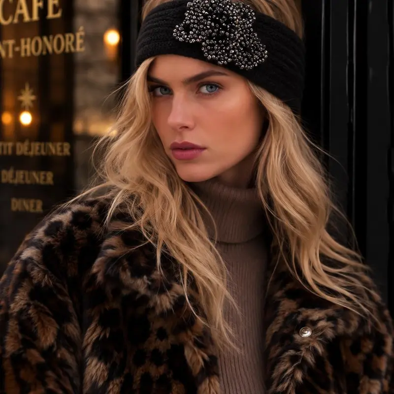 Women's Knitted HeadBand - Soft Wide Winter Ear Warmer with Beaded Floral Accent, Embellished Design for Cozy Cold Weather Casual Wear