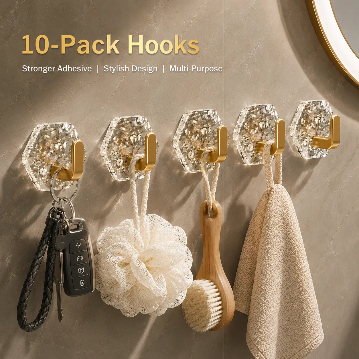 Stylish & Space-Saving Decorative Plastic Self-Adhesive Wall Hooks, 10 or 20-Pack Smooth Hexagonal Ripple Heavy-Duty Sticky Hooks with Pouch, Waterproof Rust-Resistant Home Organizer for Bathroom, Kitchen (Keys, Towels)