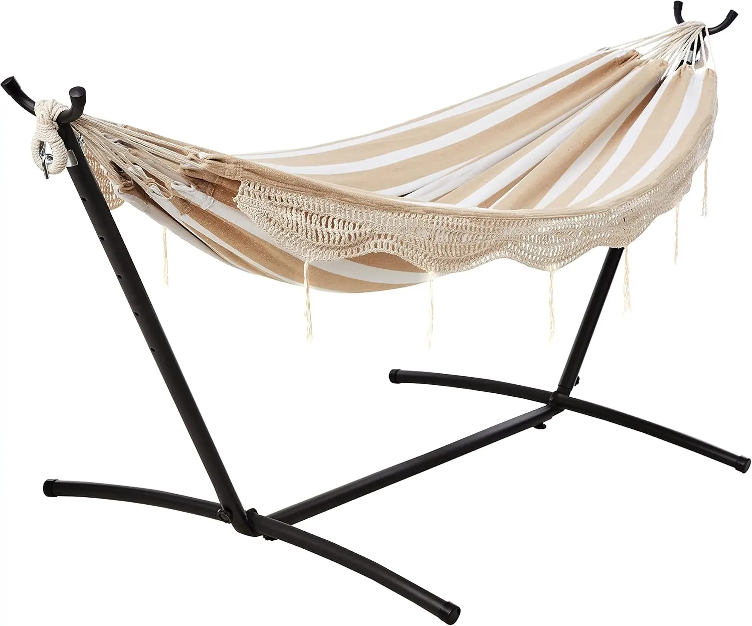 Double Hammock with 9 Foot Space Saving Steel Stand and Carrying Case, 2 Person Hammock with 450 lb Capacity, Outdoor Indoor Portable Hammock Set, Beige Stripe Lace Design 110 x 47 x 43 Inch Durable Relaxing Hammock