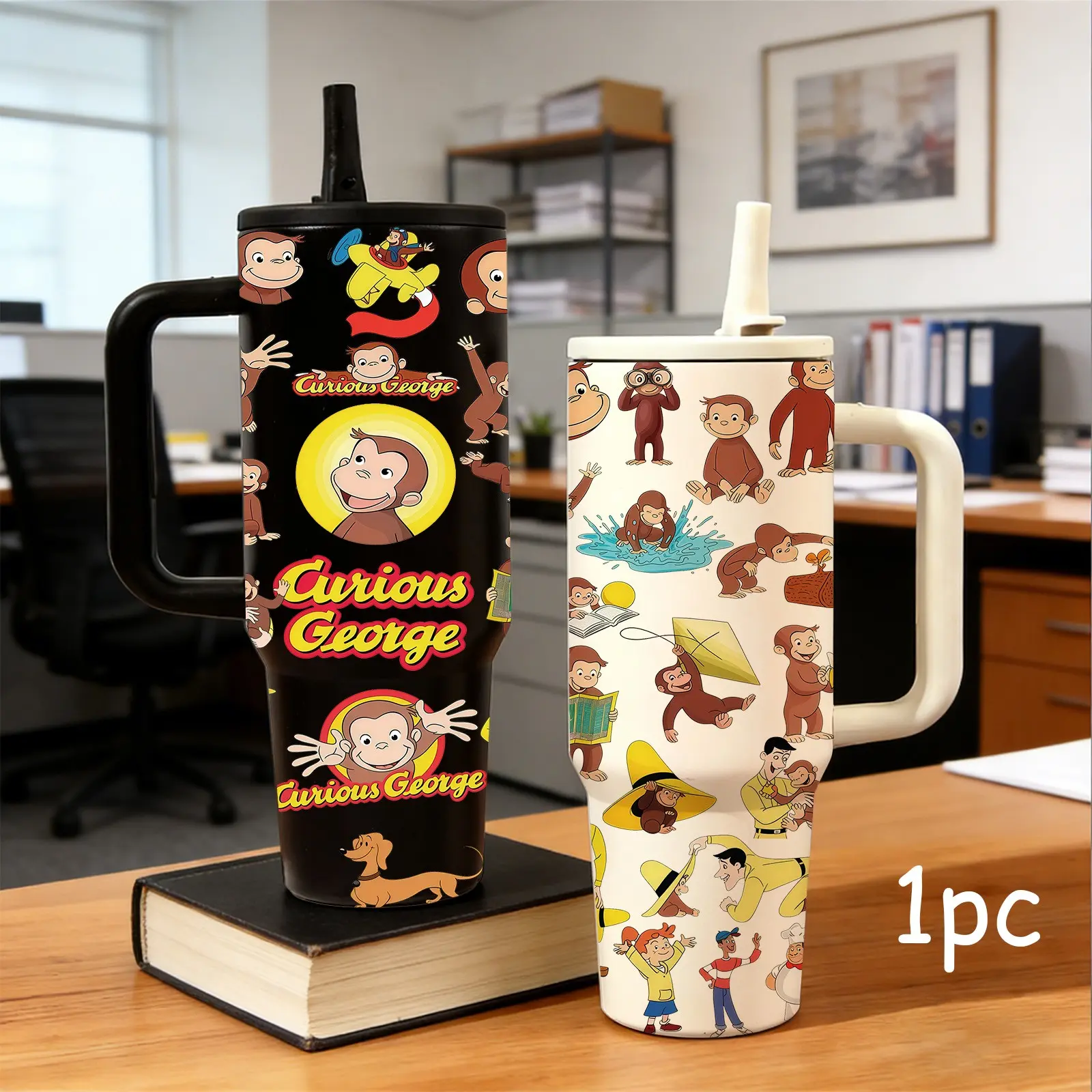1 Pc 40oz insulated mug Tumbler, Double Wall Drinkware, monkey cartoon print, double wall vacuum insulated, leak proof lid with handle and straw, keeps hot 12h cold 24h, office gym travel, gift for women men, holiday daily use