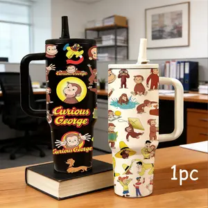 1 Pc 40oz insulated mug Tumbler, curious monkey cartoon print, double wall vacuum insulated, leak proof lid with handle and straw, keeps hot 12 hours and cold 24 hours, for hot cold drinks, office gym travel, gift for women men, holiday daily use