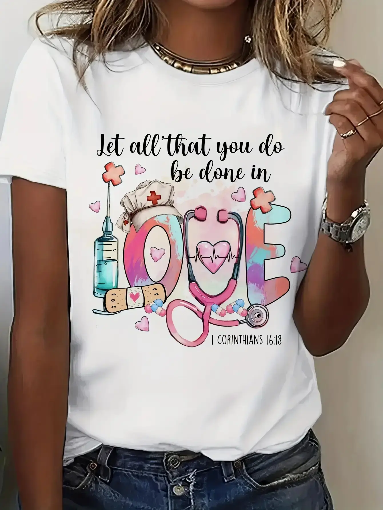 Women'S Nursing T-Shirt - Christian Faith-Inspired Apparel With Bible Verse - Gift For Healthcare Workers, Featuring Heart, Stethoscope, And Floral Cross Designs - Soft Crew Neck Top, Suitable For Nurses, Doctors, And Caregivers - All-Season Casual