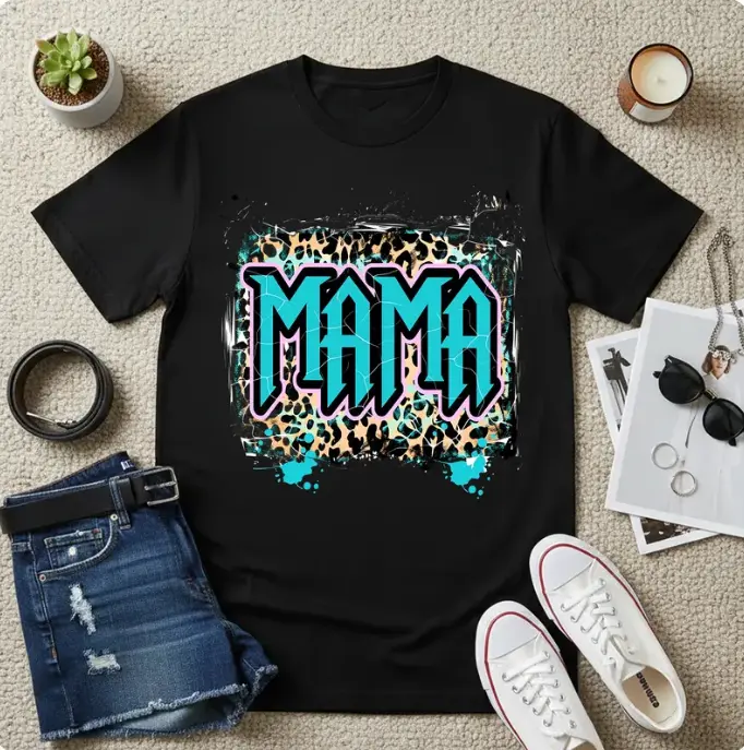 100% Cotton Black T-Shirt With Teal "MAMA" Leopard Print, Mom Life Summer Top