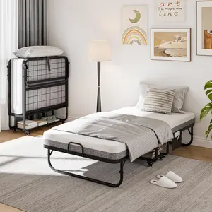 iPormis Folding Bed with Mattress, Foldable Bed Twin Size with Storage Shelf & Side Pocket, Portable Roll Away Beds for Guests, 76" x 38" Fold Up Beds w/Sturdy Metal Frame for Adults, Space Saving