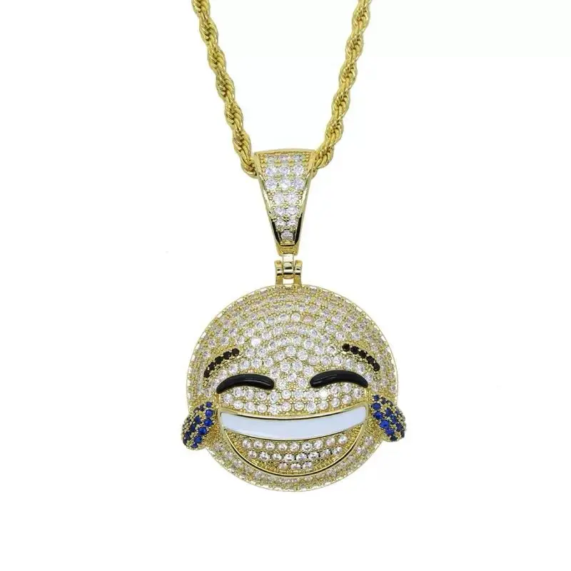 5272 Iced Out Laugh-Cry Emoji Pendant Necklace - Bling Zirconia Smiley Face Round Charm, Metal Coating Hip Hop Costume Jewelry for Men