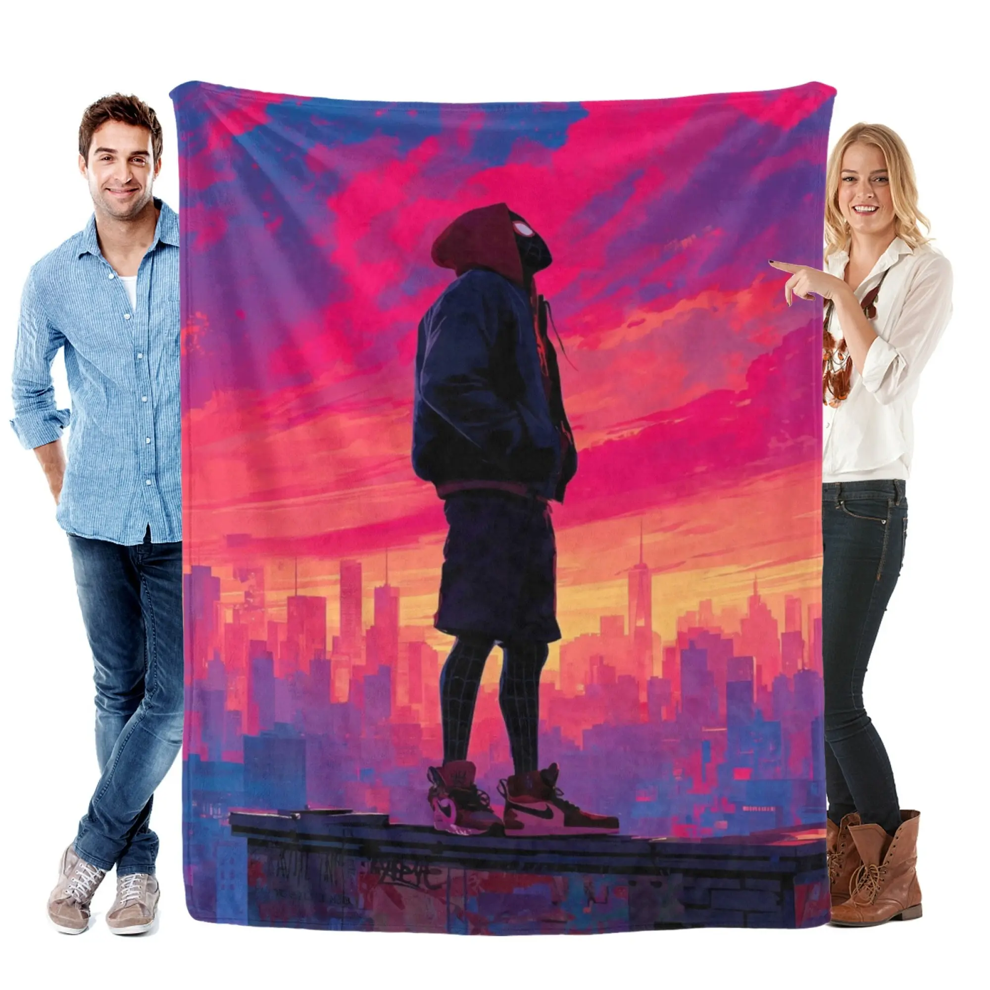 [SummerVibes] MARVEL CLASSIC Miles Morales Sunset Soft Flannel Blanket - Vibrant 2D Print Superhero Throw for Home Bedroom Decor, Couch & Fans Gift