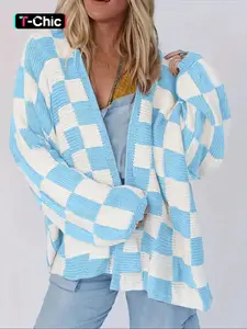 Women's Colorblock Plaid Checkerboard Loose-Fit Sweater Cardigan, Soft Comfortable Fashion Knitwear, Retro Style Long Sleeve Pullover Coat