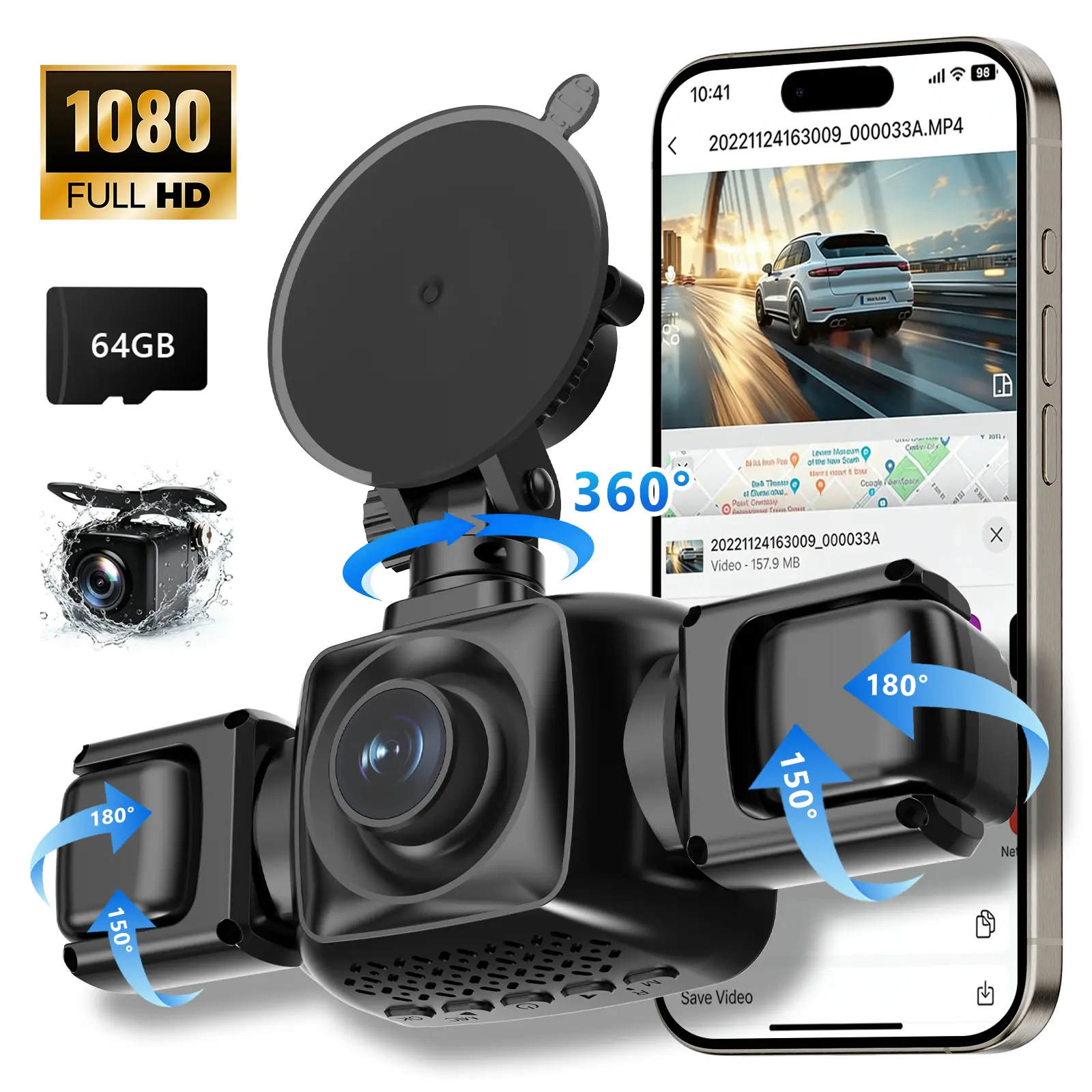 【PASLDA】 toolupgrade —4 Channel Car Dash Cam | 4 Lens All Around Monitor |  Built-in WiFi | 64GB Card Included | HDR Clear Night Vision | Plug and Play No Battery | Car DVR Automotive Video Surveillance | Perfect Holiday Gift for Dad