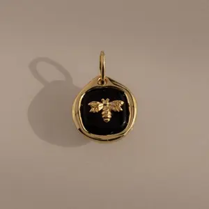 Onyx Honeybee Charm by Caitlyn Minimalist - Dainty Round Bumble Bee Necklace Charm in Gold & Silver - Black Gemstone Jewelry - Gift for Her
