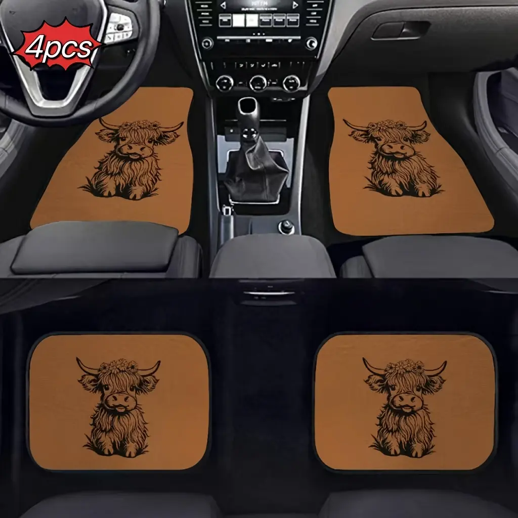 4 Piece Car Mat Set, Highland Cow Print, Easy to Clean, Suitable for Cars Trucks and Suvs, High Quality Polyester Fiber Mats, Car Floor Mats, Automotive Floor Mats