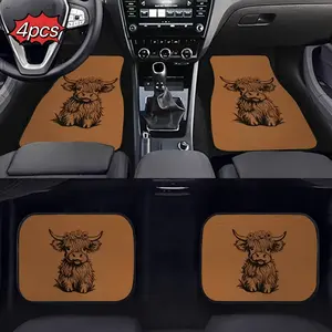4 Piece Car Mat Set, Highland Cow Print, Easy to Clean, Suitable for Cars Trucks and Suvs, High Quality Polyester Fiber Mats, Car Floor Mats