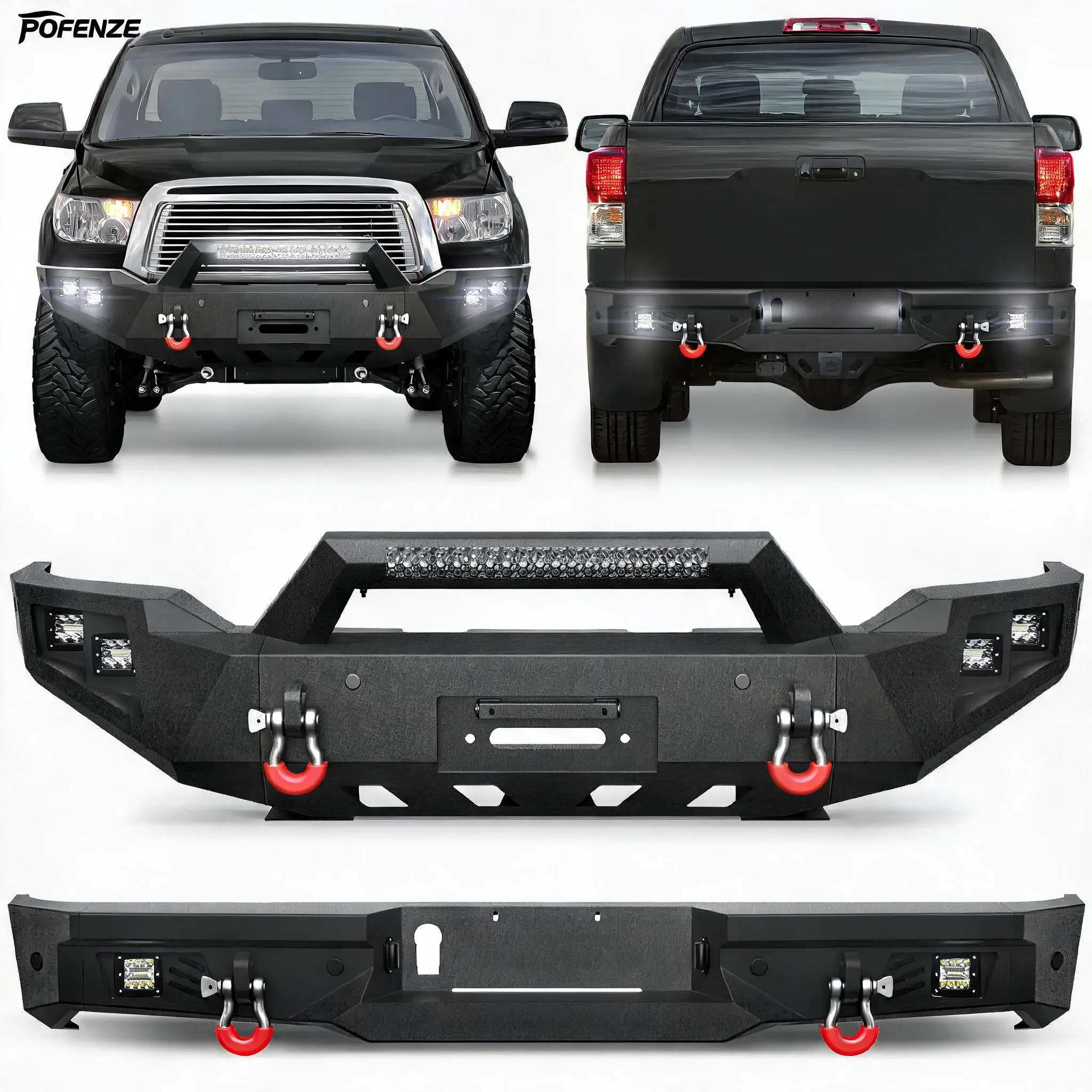 POFENZE Tundra Bumper Set, Front & Rear Bumper Full Width for 2007-2013 Tundra Pickup, w/Winch Plate, LED Lights and D-rings