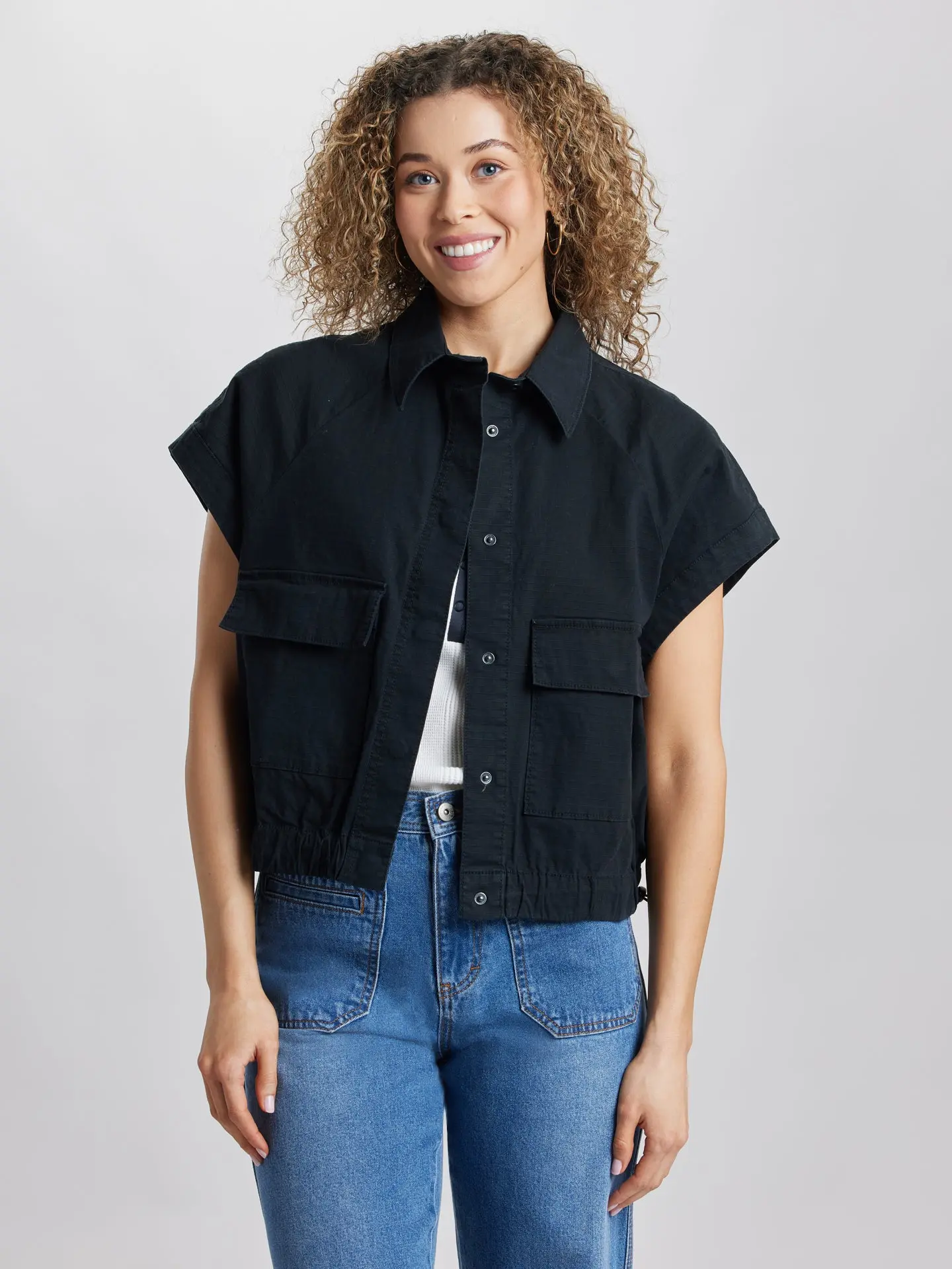 Women's Fitted 1-Piece Ripstop Short-Sleeve Cotton-Blend Coat - Elastic Light Spandex Fabric, Shawna Hooded Casual Jacket Vest Outerwear