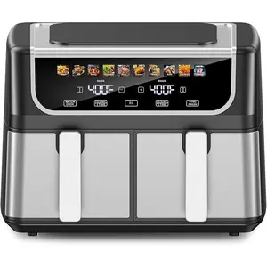 9.5L Large Capacity Double Basket Air Fryer with Independent Dual Zone Temperature Control, 10 One-Touch Preset Cooking Modes, Sync Finish and Match Cook Functions, Stainless Steel Non-Stick Baskets