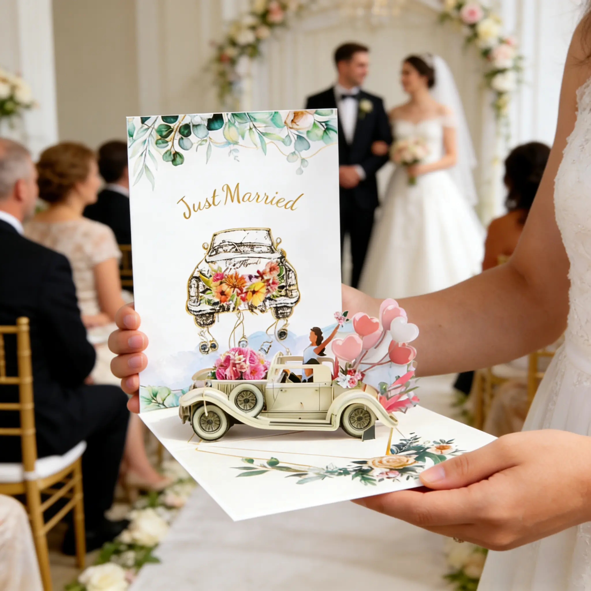 3D Wedding Popup Card with Classic Car - Paper Party Gifts for Newlyweds, Bridal Shower Occasions, Popupcard