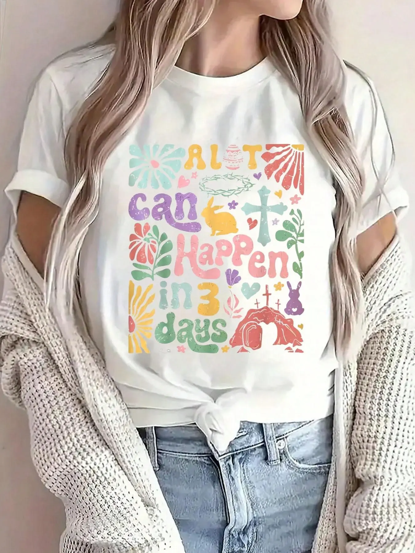 Boho Floral "A Lot Can Happen In 3 Days" Christian Easter T-Shirt | Summer Women's Soft Crew Neck Short Sleeve Top, Stylish & Comfy Graphic Tee