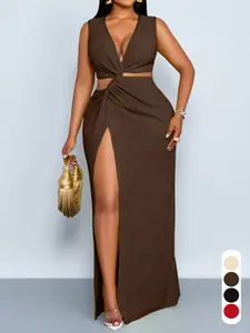 Plus Size Elegant Summer Sexy Plain Women's Dress, Plus Size Deep V Neck Sleeveless High Waist Knot Slit Bodycon, Fashionable Spring Autumn, Bodycon Side Slit