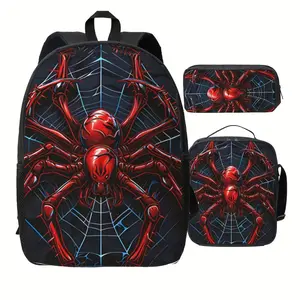 Spider print three-piece backpack set, unisex, large capacity, includes a square storage pocket and pencil case, adjustable shoulder straps, double zippers, animal print, suitable for commuting, travel and outdoor activities.