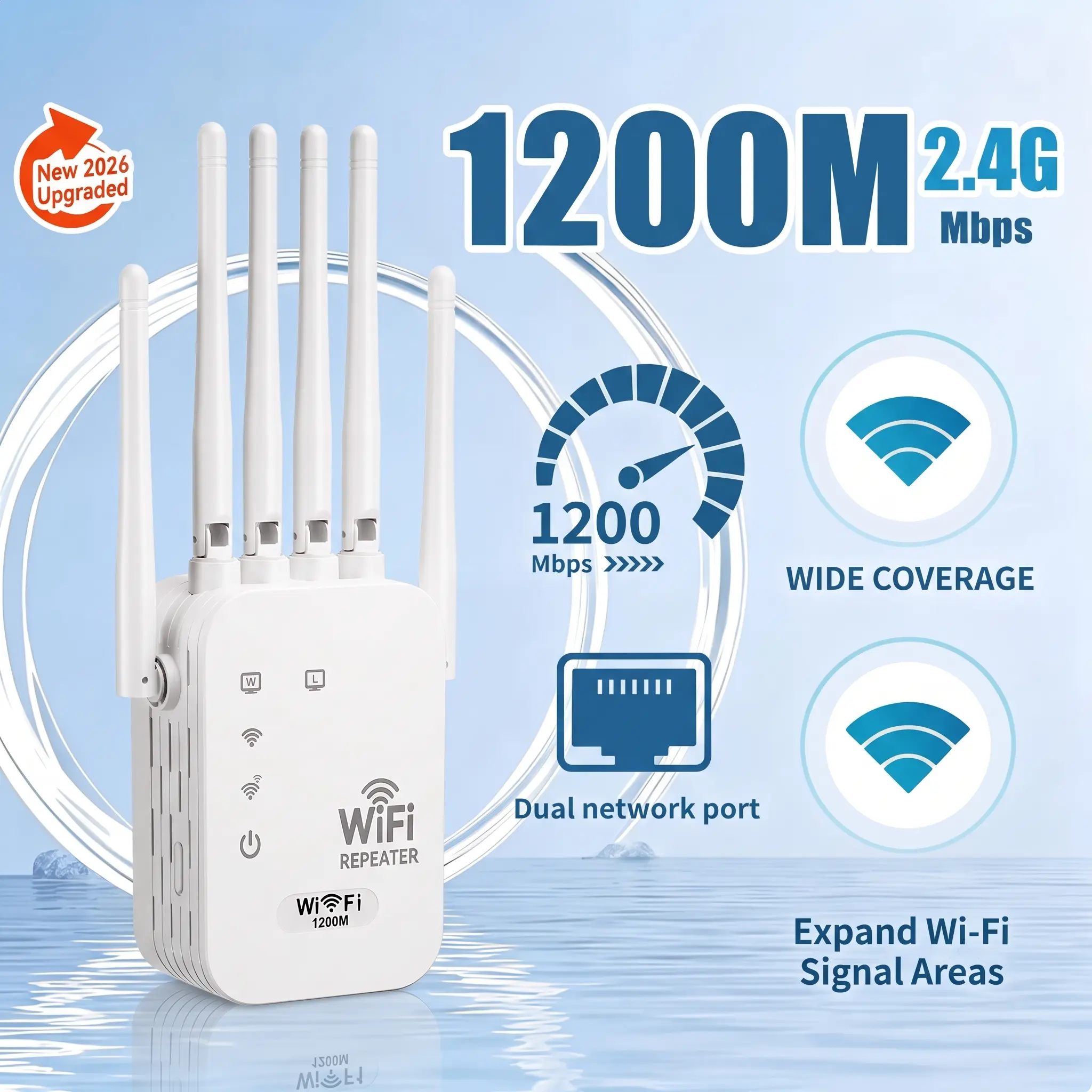 WiFi Signal Booster 2026, 1200Mbps Dual Band Internet Extender (5GHz/2.4GHz), 6 High-Gain Antennas, Up to 10000 Sq.Ft Coverage, Supports 50 Devices, Ethernet Port for Home & Office, Wifi Range Extender, Wireless Signal Repeater