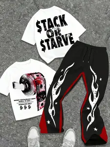 Men's Trendy 2-Piece Set Letter Money Graphic Pattern Print T-Shirt Versatile Top + Drawstring Street Style Sports Pants