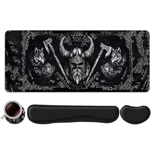 4pcs Viking Warrior with Wolves Design, Wolf Illustration Mouse Pad + Keyboard Wrist Rest + Coaster Set For Desktop Decoration, Office Accessories Set Ergonomic Wrist Support, Computer Mat Mouse Pad Coaster Suitable For Home Office Gaming
