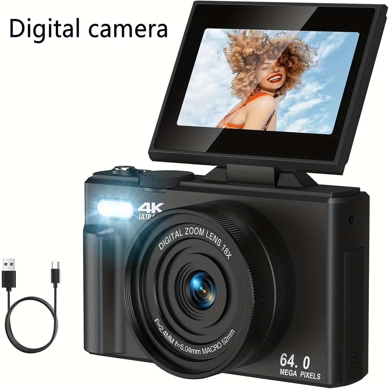 4K UHD Vlog Camera, High Definition Camera, 64MP Digital Camera with 18X Zoom, Auto Focus & 3 Inch Flip Screen Camera, Travel Camera for Photography, Portable Vlogging Camera, Autofocus Vlogging Camera, Content Creator Camera