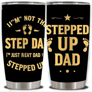 20oz "Stepped Up Dad" Inspirational Typography Art Stainless Steel Tumbler, Double Wall Vacuum Insulated Travel Mug with Footprint Design, Spill Proof Lid and Straw, Perfect Gift for Stepfathers, Ideal for Christmas, Thanksgiving, Valentine's