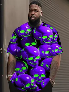 Men's Neon Blue Glow Skull Print T-Shirt, Bottom Reflective Design, Streetwear, Concert Party Casual Wear