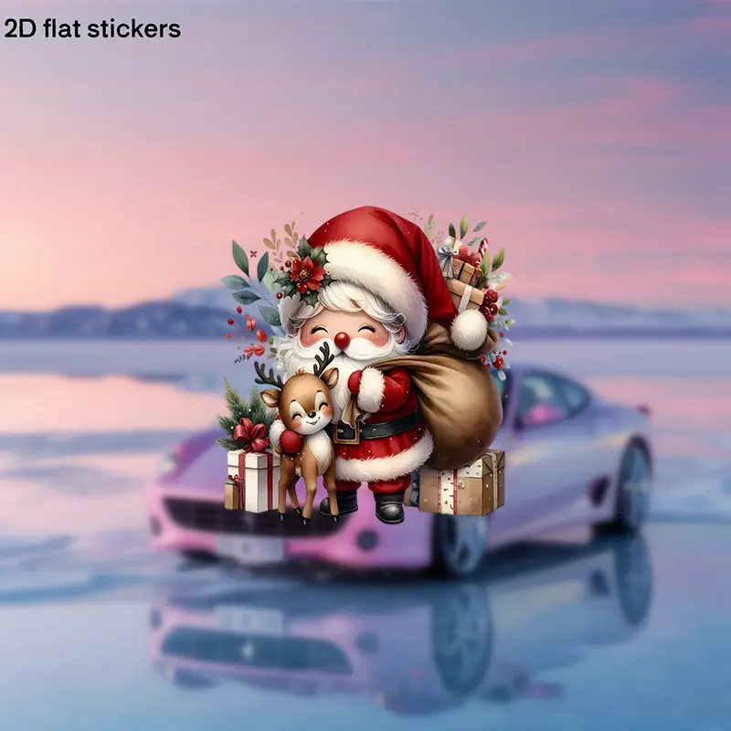 Festive Santa & Reindeer Car Sticker, Glossy Self-Adhesive Decal with Glitter, Durable Plastic Holiday Decoration for Cars, Motorcycles, Laptops