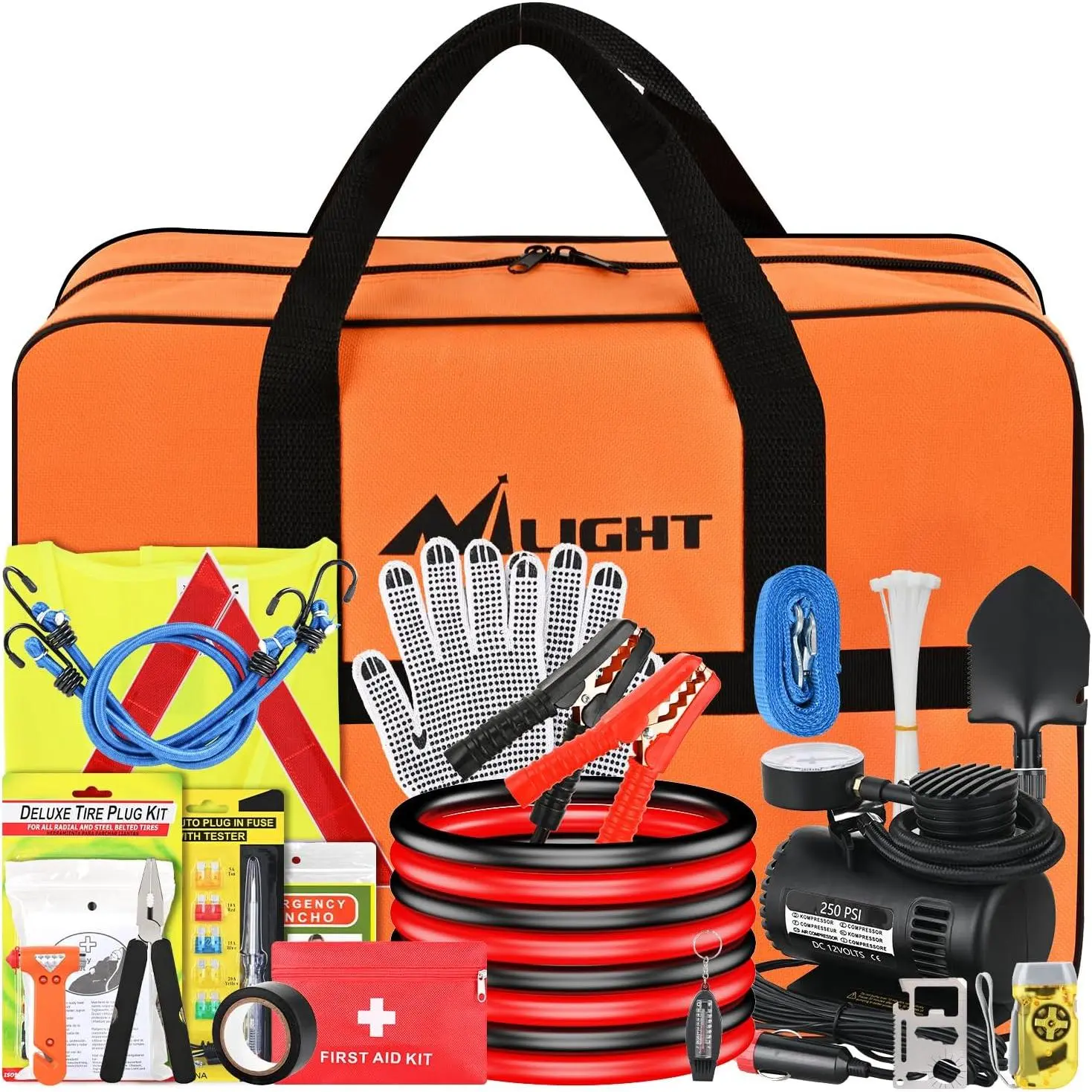 Nilight Car Emergency Kit with Jumper Cable Air Compressor Tire Repair Essential Tools First Aid Alligator Connector Electrical Kit for Travel Camping Outdoor Cars Truck SUV RV, Tubeless Tire Repair Kit, Automotive Maintenance Tools