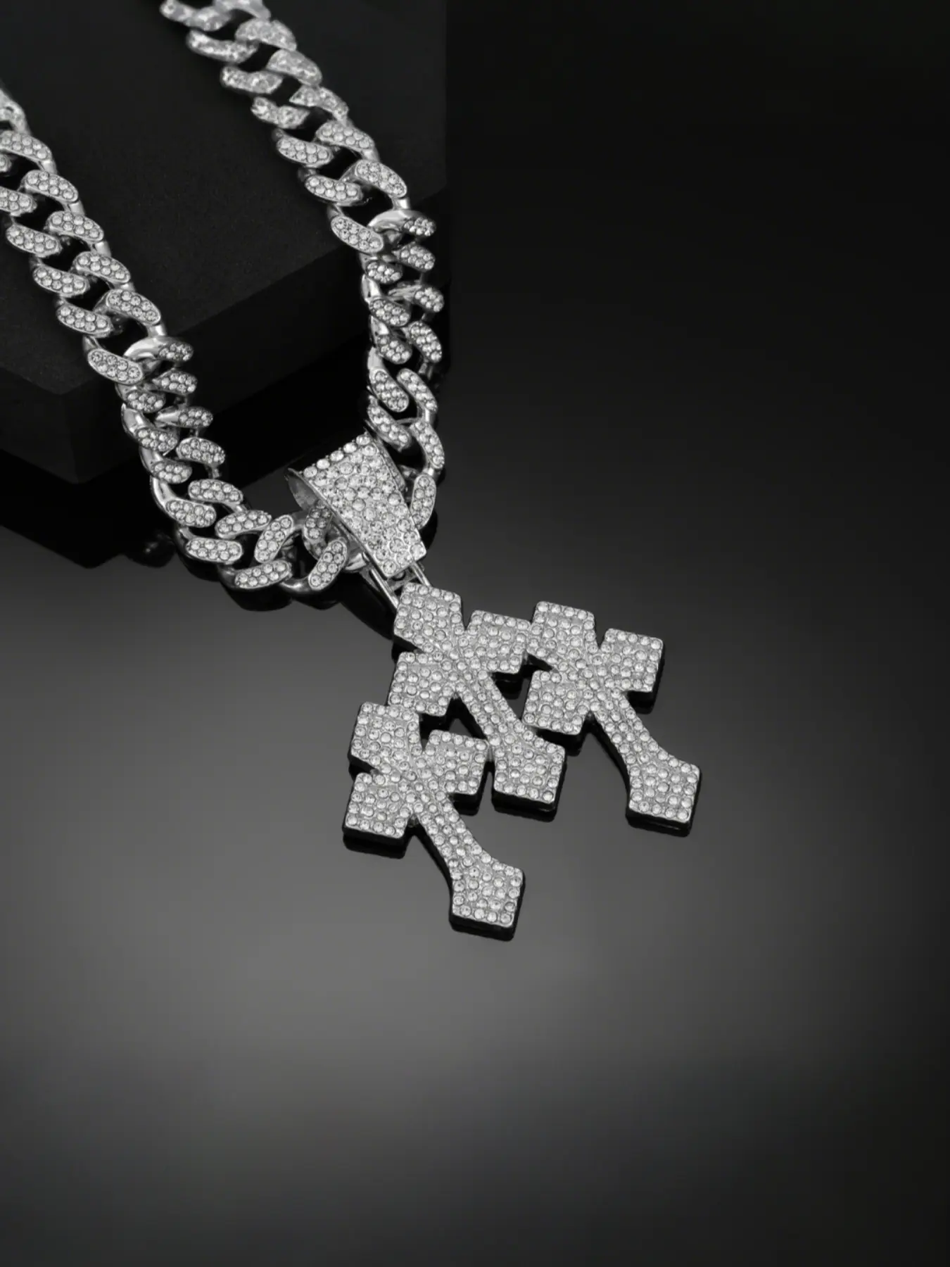 Valentine's Day Gift, Hip Hop Three Arrow Cross Pendant Necklace, Cross Chain Design, Bold Cross Design, Alloy Chain, Full Diamond Street Style Jewelry, Blessing Charm, Cross Necklaces, Cuban Link Chain