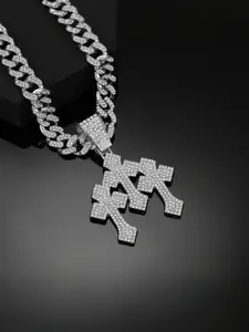 Valentine's Day Gift, Hip Hop Three Arrow Cross Pendant Necklace, Alloy Chain, Full Diamond Street Style Jewelry, Blessing Charm, Cuban Link Chain, Fashionable Jewelry, Cuban Chunky Chain