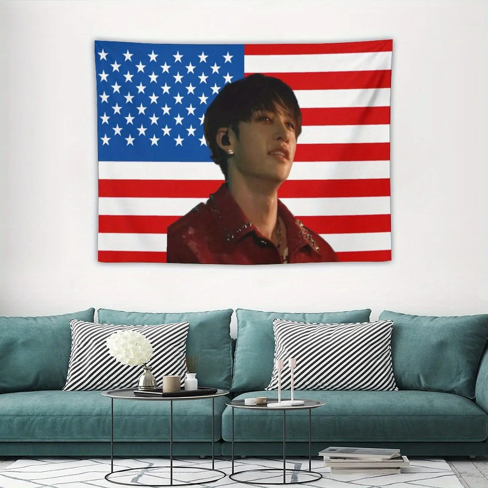 Bang Chan Theme Tapestry - Vibrant American Flag Design High-Quality Polyester Fabric Wall Hanging, Patriotic Home Decor for Living Room, Bedroom, Office - Ideal Gift for Fans, No Electricity Needed, Room Decoration