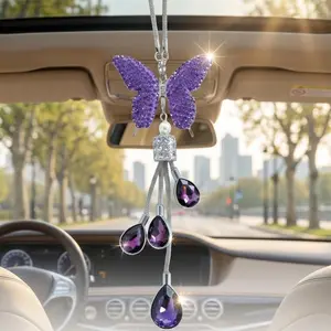 Purple Butterfly Rhinestone Car Mirror Charm, Crystal Prism Hanging Ornament, Mother's Day Gift, Aesthetic Car Interior Decor for Women