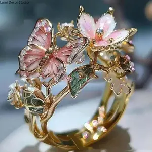 Women's Whimsical Luxury Butterfly Blossom Adjustable Gold Open Ring, Pink Enamel Flowers, Crystal Detail, Fairycore Cottagecore Statement Jewelry (Sports & Outdoor Apparel Accessory)