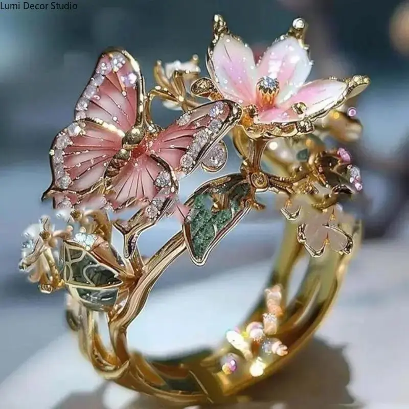 Women's Adjustable Gold Open Ring - Whimsical Luxury Butterfly Blossom Design, Pink Enamel Flowers, Crystal Detail, Fairycore Cottagecore Statement Jewelry for Sports & Outdoor Apparel, Rings