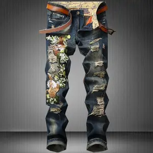 YYK brand Men's Fashionable Ripped Jeans Regular Fit Denim Pants for Daily Wear, Fashion Men's Bottoms for All Seasons, Jeans Distressed
