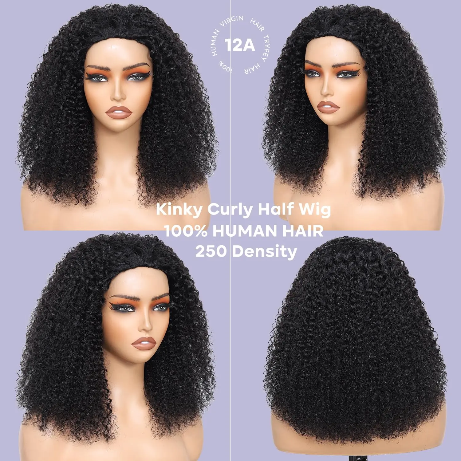 200% Density Kinky Curly Half Wig Human Hair Glueless 18in Amazon.com : ‌Kinky Curly Half Wig Human Hair With  main image 2