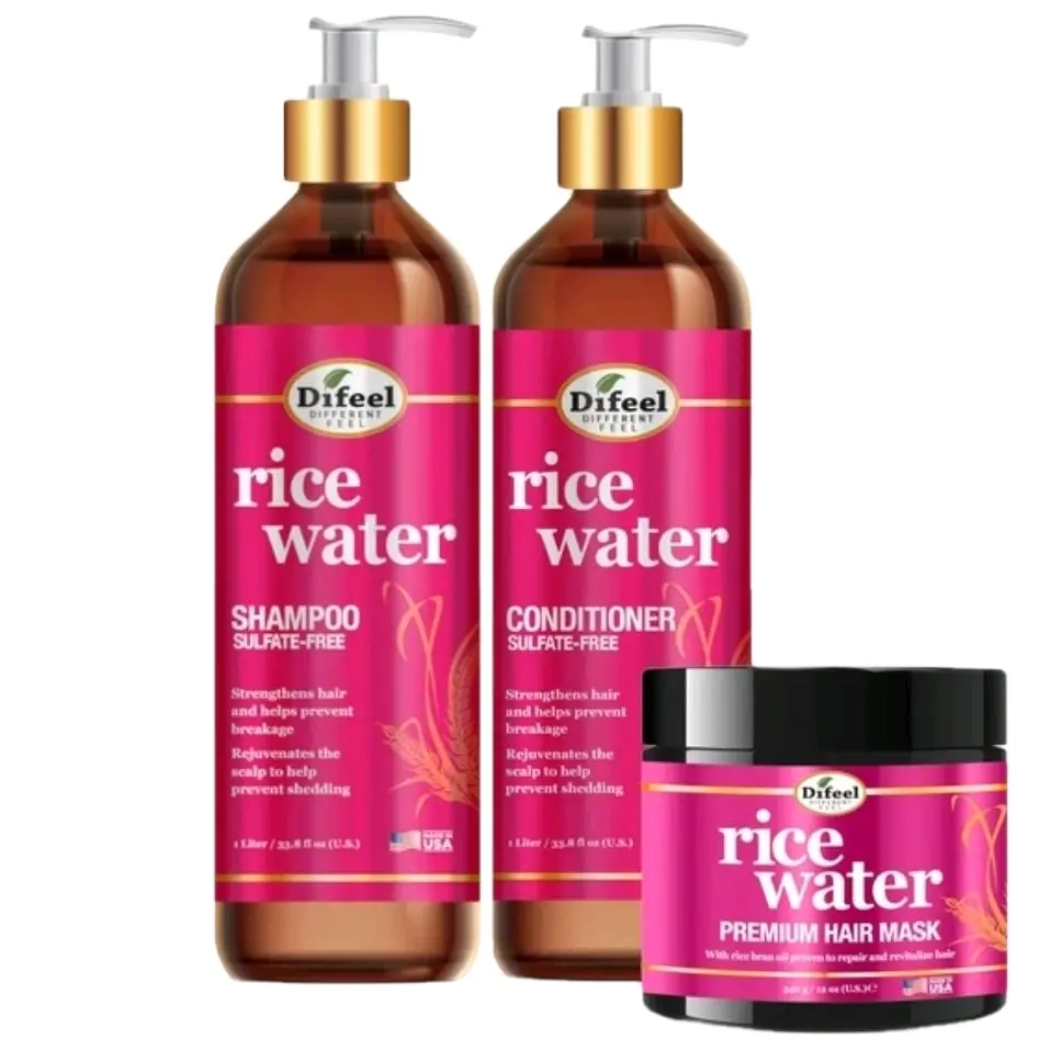 Difeel Rice Water Hair Care 3PC Set - Sulfate-Free Shampoo Conditioner & Hair Mask - 12oz Each for Strengthening & Preventing Shedding