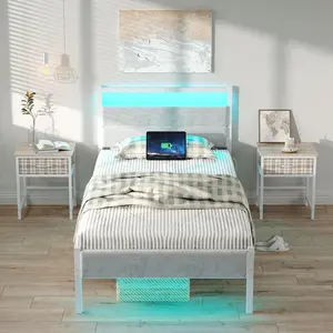 Twin Bed Frames with Charging Station, LED Lights Bed with Grey Upholstered Headboard, Under Bed Storage, No Box Spring Needed, Noise Free, Easy Assembly, White