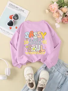 Girls' Casual Fashion Cartoon Flower Printed Sweatshirt, Colorful Letter Design, Ideal for Spring and Autumn Daily Wear, Graphic Print Sweater