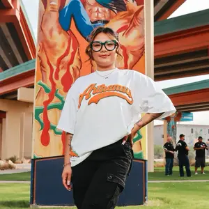 Arthemus Varsity Chenille Tee- Orange/Green 100% Heavyweight Cotton Unisex Boxy Fit with Oversized Embroidery & Star Patch Hem Detail