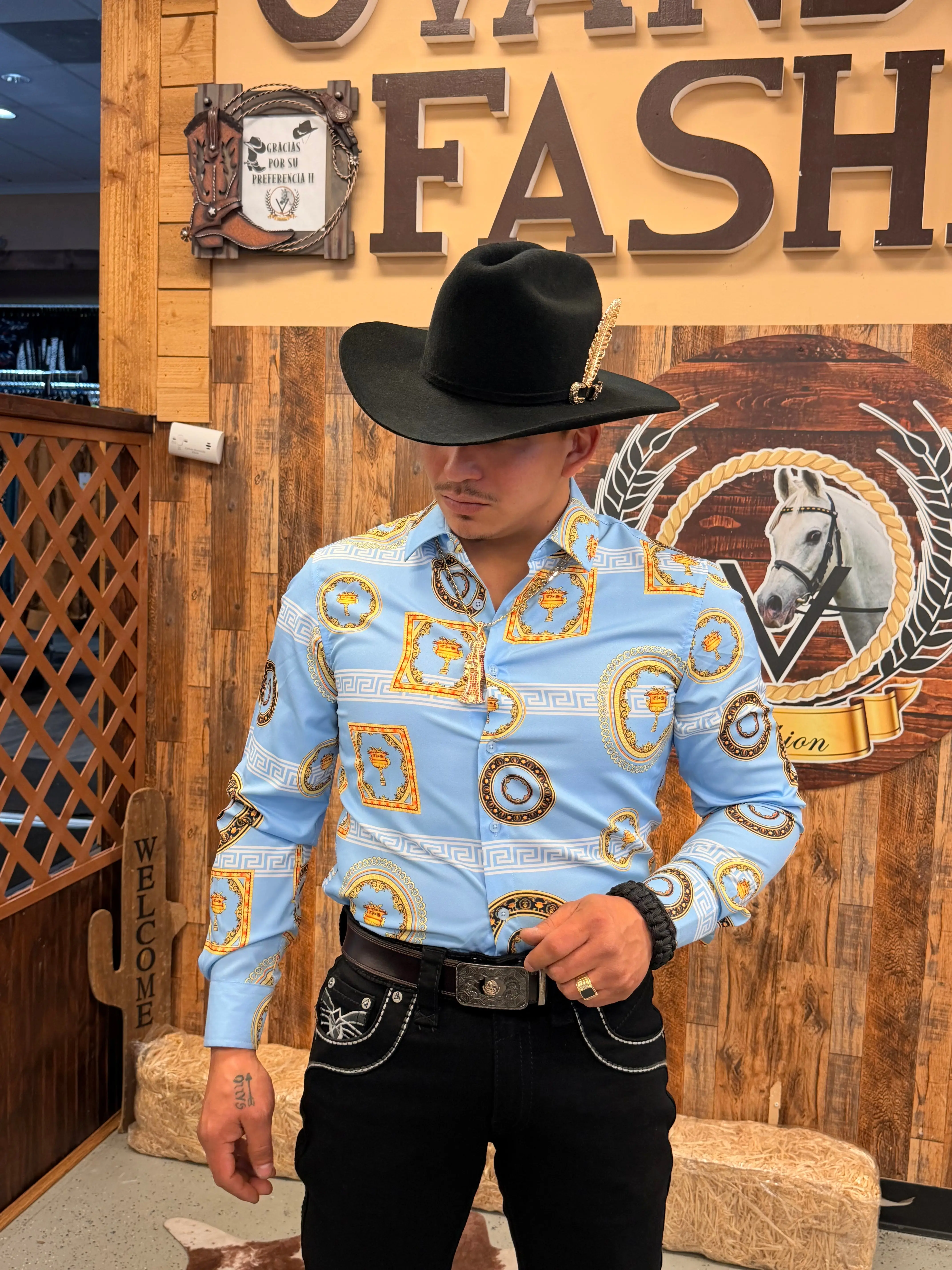 Men's Western Collared Neck Button-Down Longsleeve Shirt - Sky Blue, Casual Adults' Menswear Top