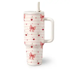 1 Pc 40 Oz Stainless Steel Water Cup with Handle and Foldable Straw, Pink Stripe Bow and Cherry Pattern Design, Double Wall Insulated Thermal Mug, Hot 6H/Cold 12H, Sweet Style Tumbler, Mother's Day Gift, Birthday Gift for Friends and Family.