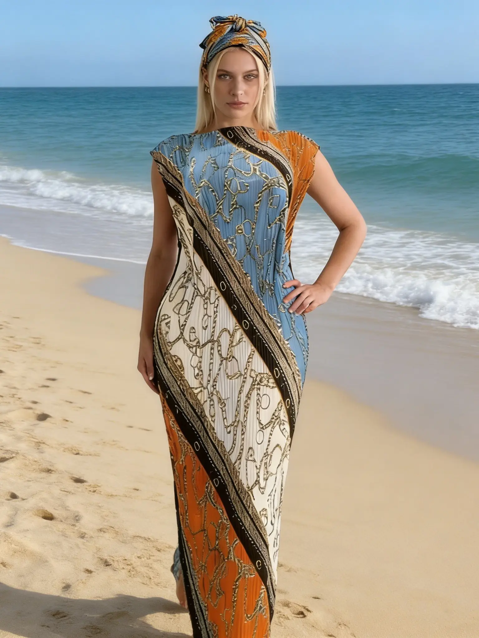 1dress+1scarf Stretchy Sleeveless Pleated Boho Bohemian Maxi Dress – Blue Orange Chain Print Bodycon Gown for Beach, Party & Evening Events | FREE Matching Headwrap Included