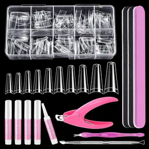 Clear False Coffin Nail Tips, Full Cover Nail Tips Set with 500pcs Clear Press On Nails Fake Nail Tips with Nail Glue, Clipper, Files, Cuticle Pusher and Fork for Gel Nail Art DIY