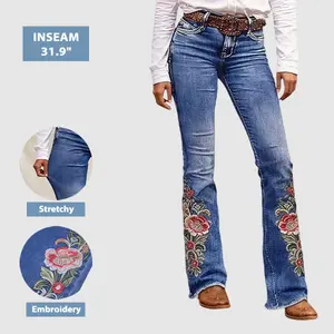 Flamingals Wash Floral Embroidery Raw Hem Mid Rise Bootcut Jeans Without Belt Flamingals Wash Floral Embroidery Raw Hem Mid Rise Bootcut Jeans Without Belt