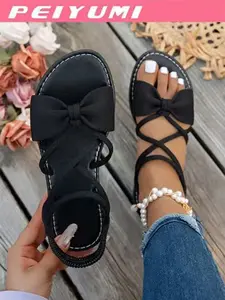 Women's Fashion Sandals, Elegant Bow and Cross Strap Design, Comfortable Versatile, Suitable for All Occasions, Multiple Color Options