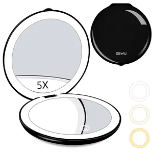 Portable Travel Makeup Mirror with Light, Handheld Round Vanity Mirror 1X & 5X Magnifying Mirror with 100 LEDs 3 Colors Light Modes Rechargable Compact Light Up Mirror, 4.7 Inch