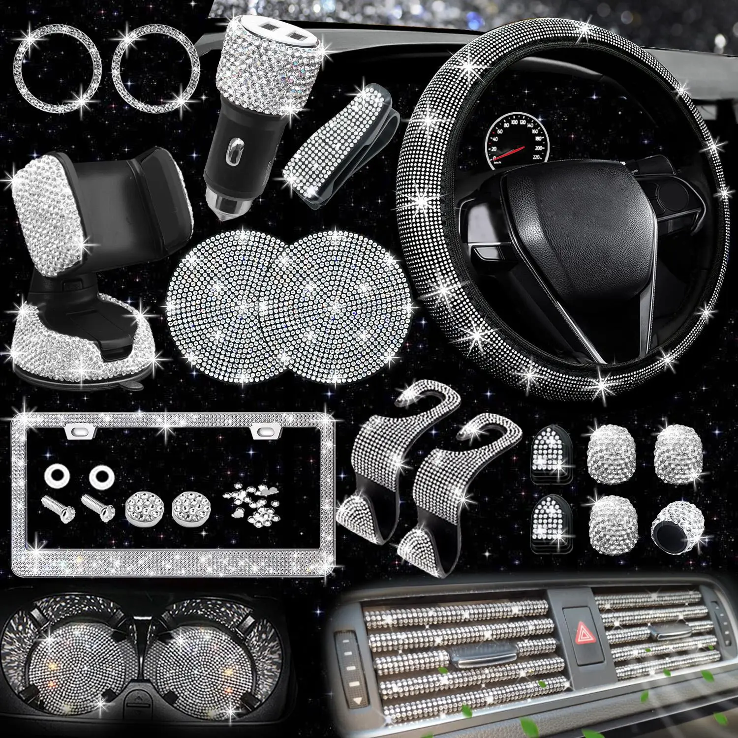 Rhinestone Car Decoration Set for Fall, Steering Wheel Cover & License Plate Frame & Coaster & Hook for BMW i8, Vehicle Automotive Accessories, Interior, Car Accessories